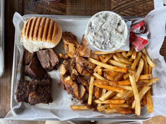Deviled Pig BBQ platter Burnt Ends with Chicken