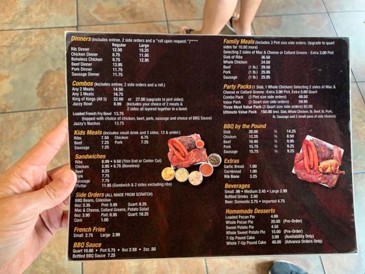 Jazzy's BBQ Back of Menu