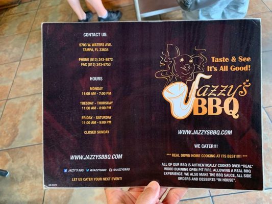 Jazzy's BBQ Front of Menu